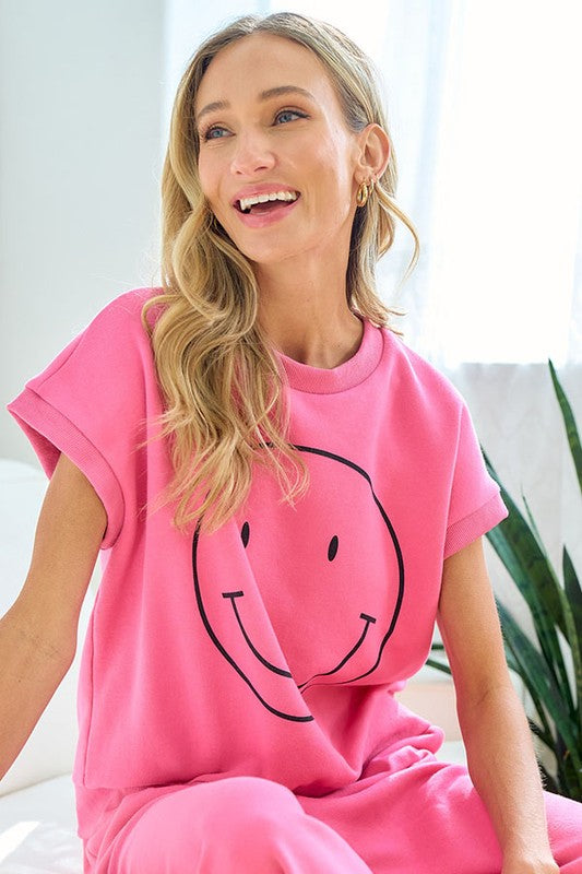 Smiley Face Drop Shoulder Sweatshirt & Sweatpants Set