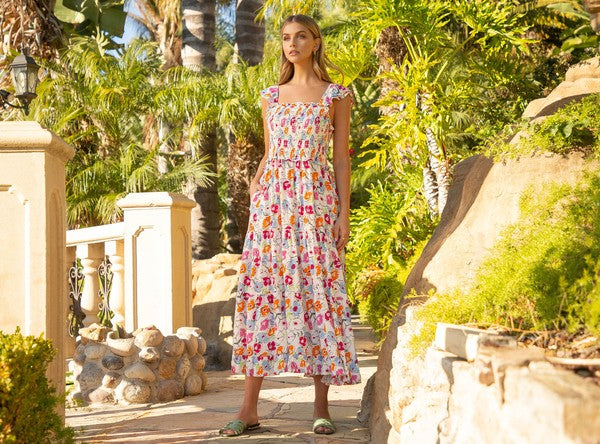Astrid Smocked Floral Print Tiered Midi Dress