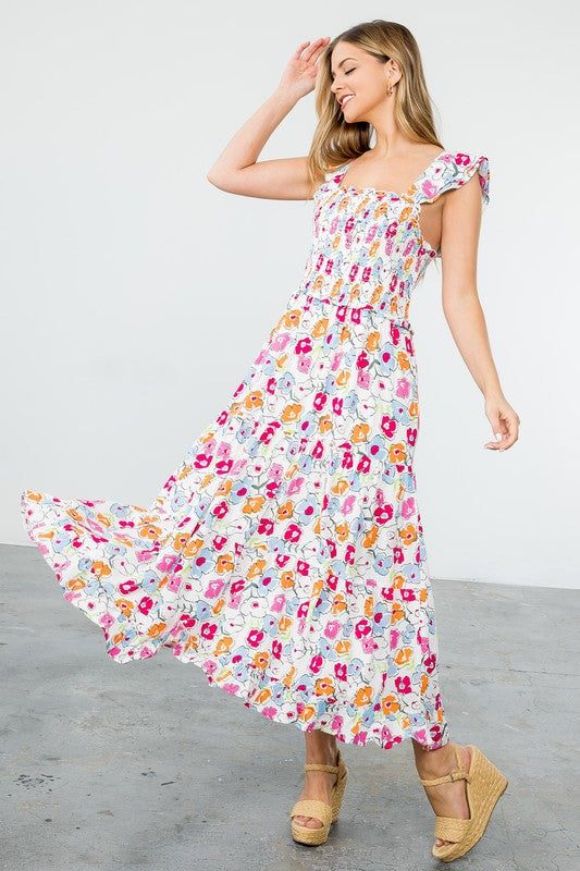 Astrid Smocked Floral Print Tiered Midi Dress