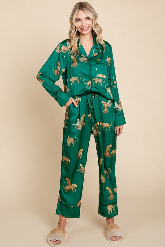 Lucia Satin Cheetah Print Pajama Set