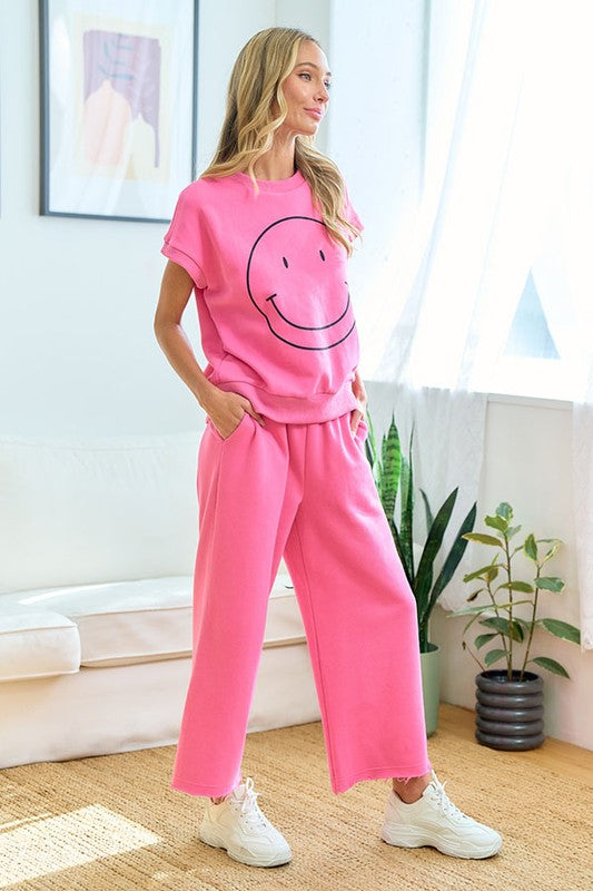 Smiley Face Drop Shoulder Sweatshirt & Sweatpants Set