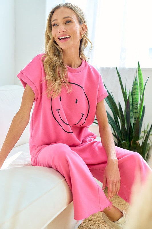 Smiley Face Drop Shoulder Sweatshirt & Sweatpants Set