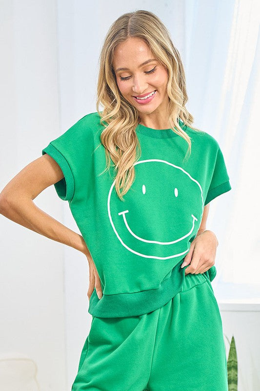 Smiley Face Drop Shoulder Sweatshirt & Sweatpants Set